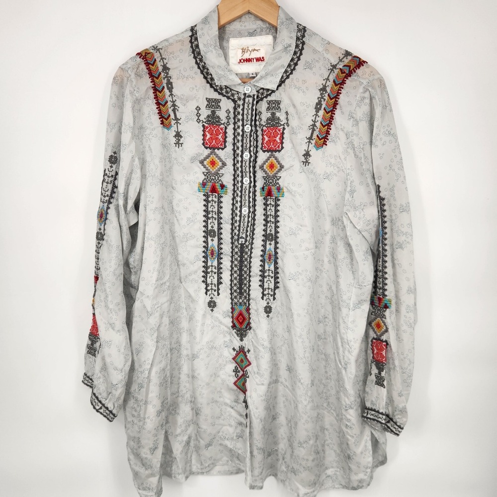 Biya Johnny Was Silk Embroidered Tunic Blouse Womens Small Gray Floral Boho